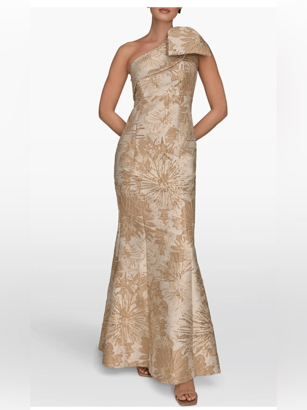 Donna Karan One-Shoulder Floral Jacquard Evening Gown in Gold and Cream